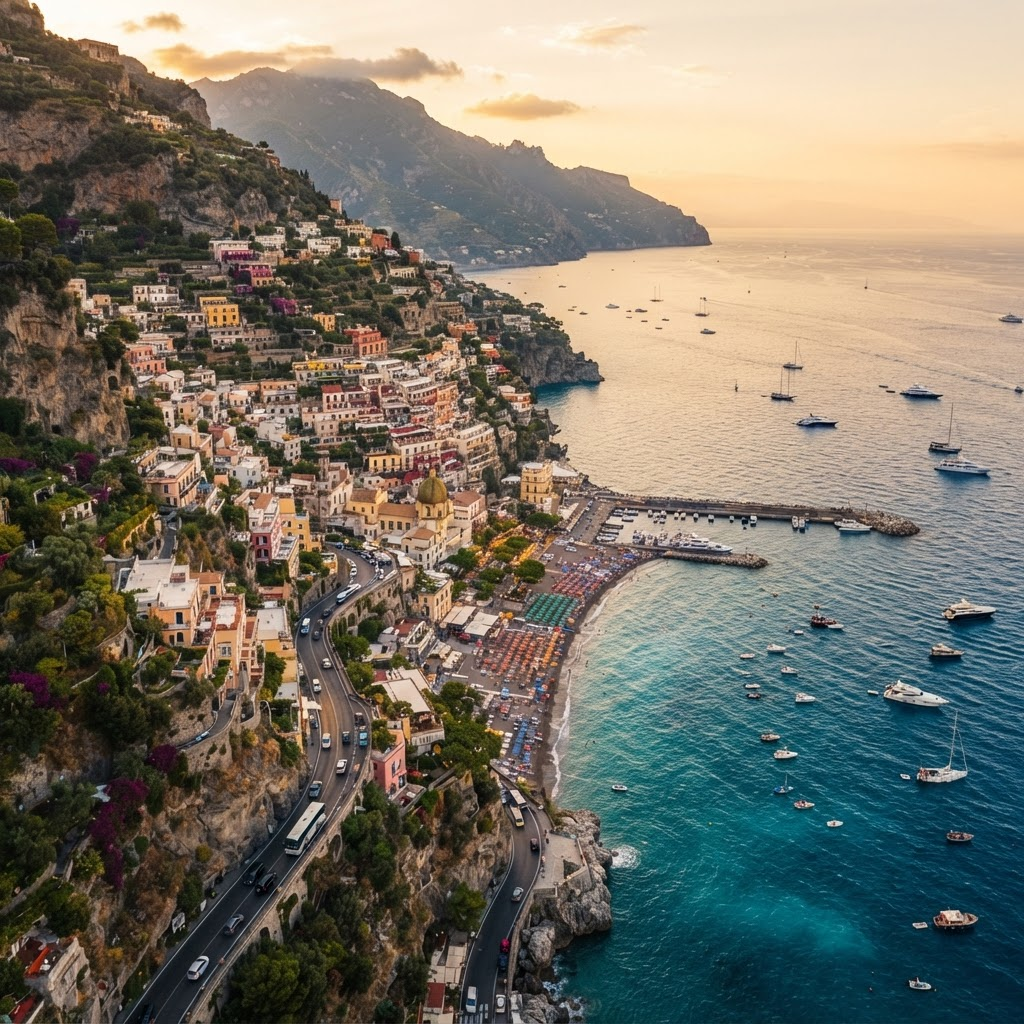 Aerial view of a Mediterranean coastal city at golden hour